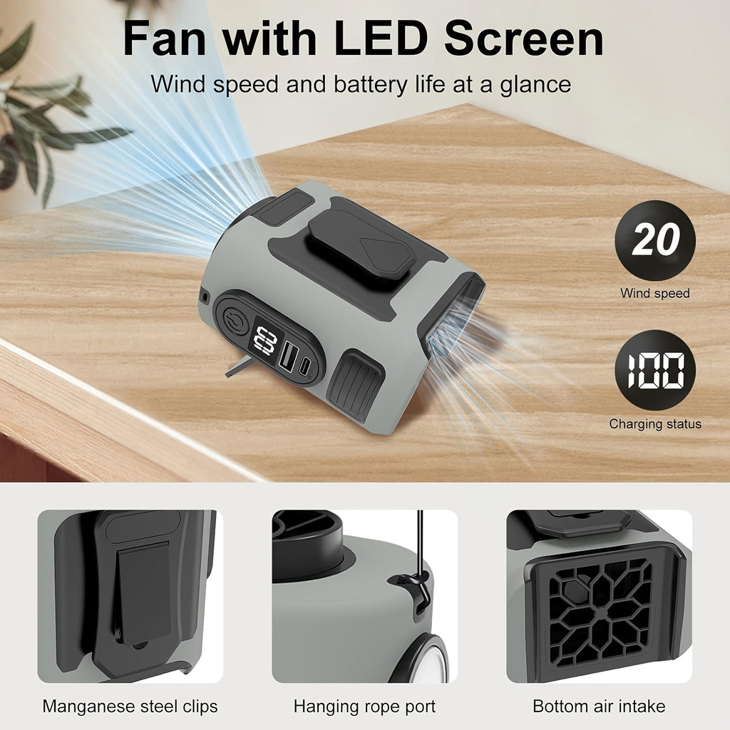 Wearable Belt Fan 10000mAh 3-in-1 – 40-Hour Hands-Free Cooling, 5-Speed 30000RPM Motor, Dual Clip, Built-In Flashlight & Phone Power Bank for Camping, Outdoor & Travel | 1 or 2 Pack
