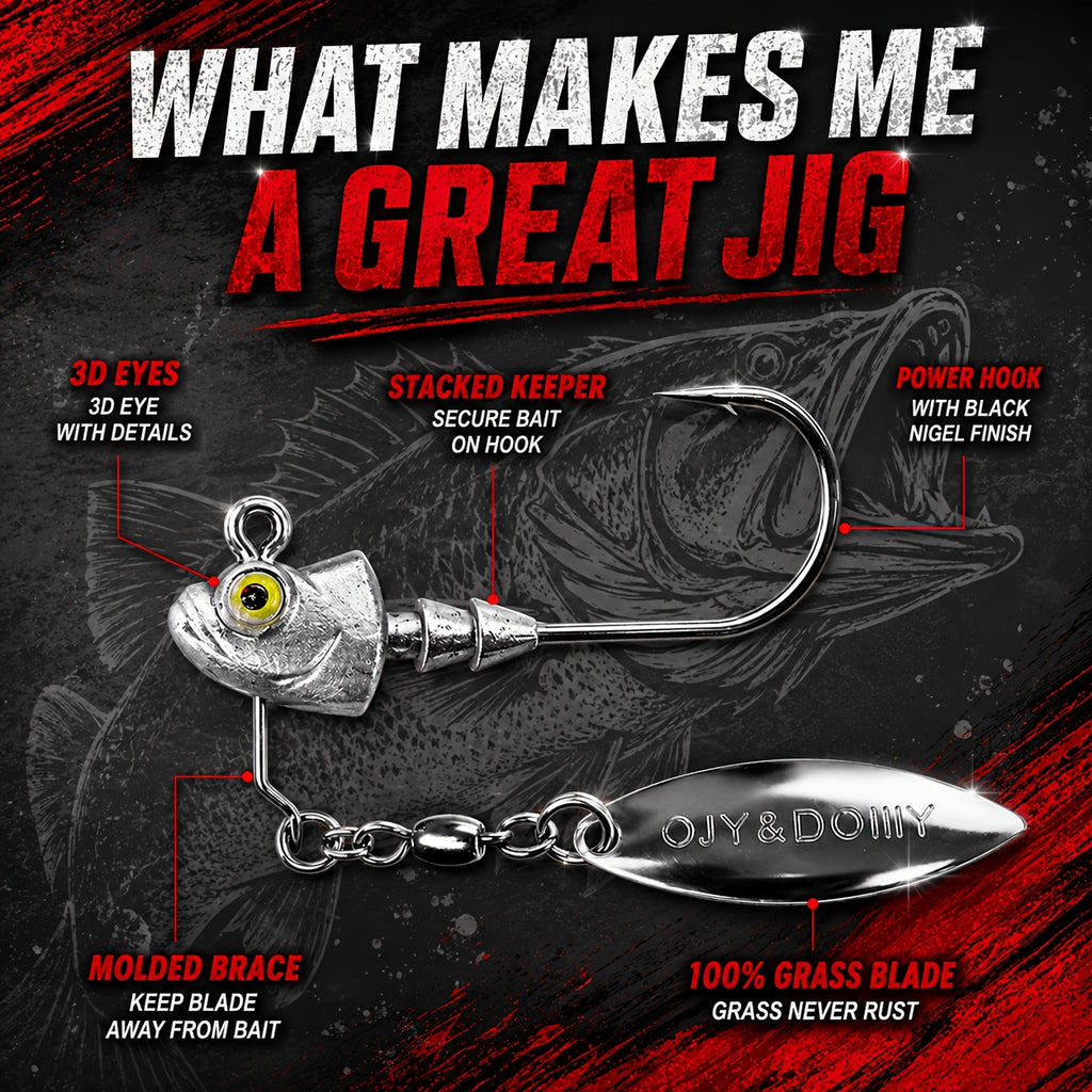 Underspin Jig Heads 6-Pack 100% Brass Blade Never Rust Bass Walleye Saltwater Fishing Lure 3/16oz 1/4oz 3/8oz 1/2oz Silver Swimbait Jig Head Set