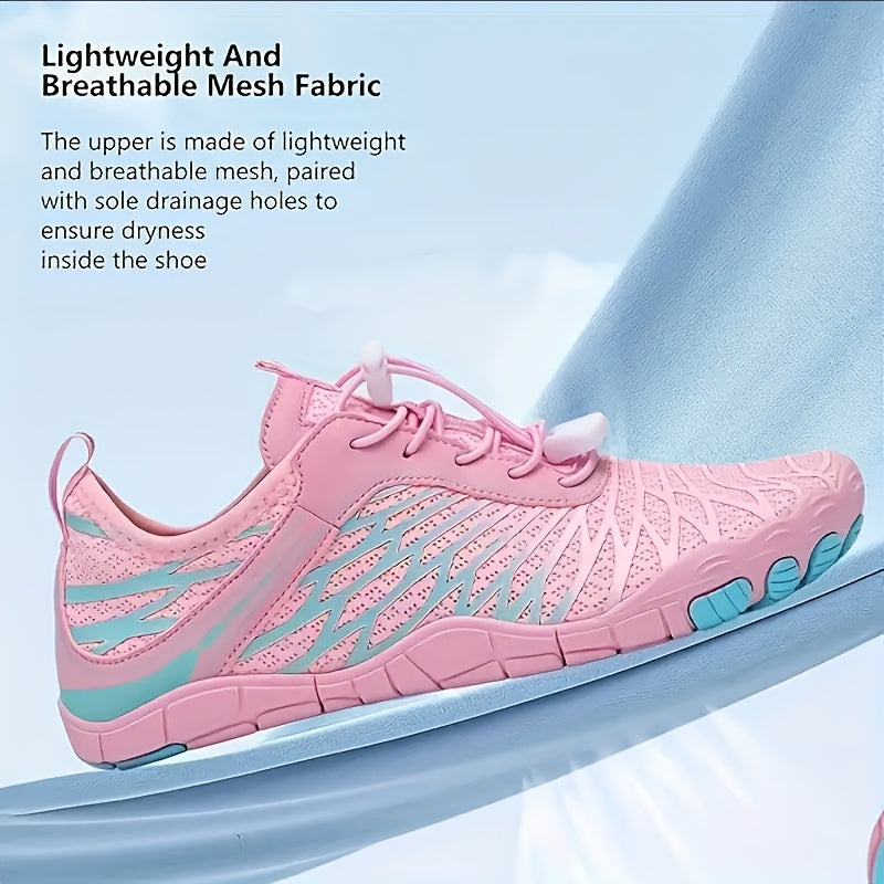 Women's Water Shoes Quick-Dry Aqua Sneakers – Lightweight Breathable Mesh Lace-Up Beach Wading Shoes, Rubber Sole, Striped, Black White Pink, US 6-11