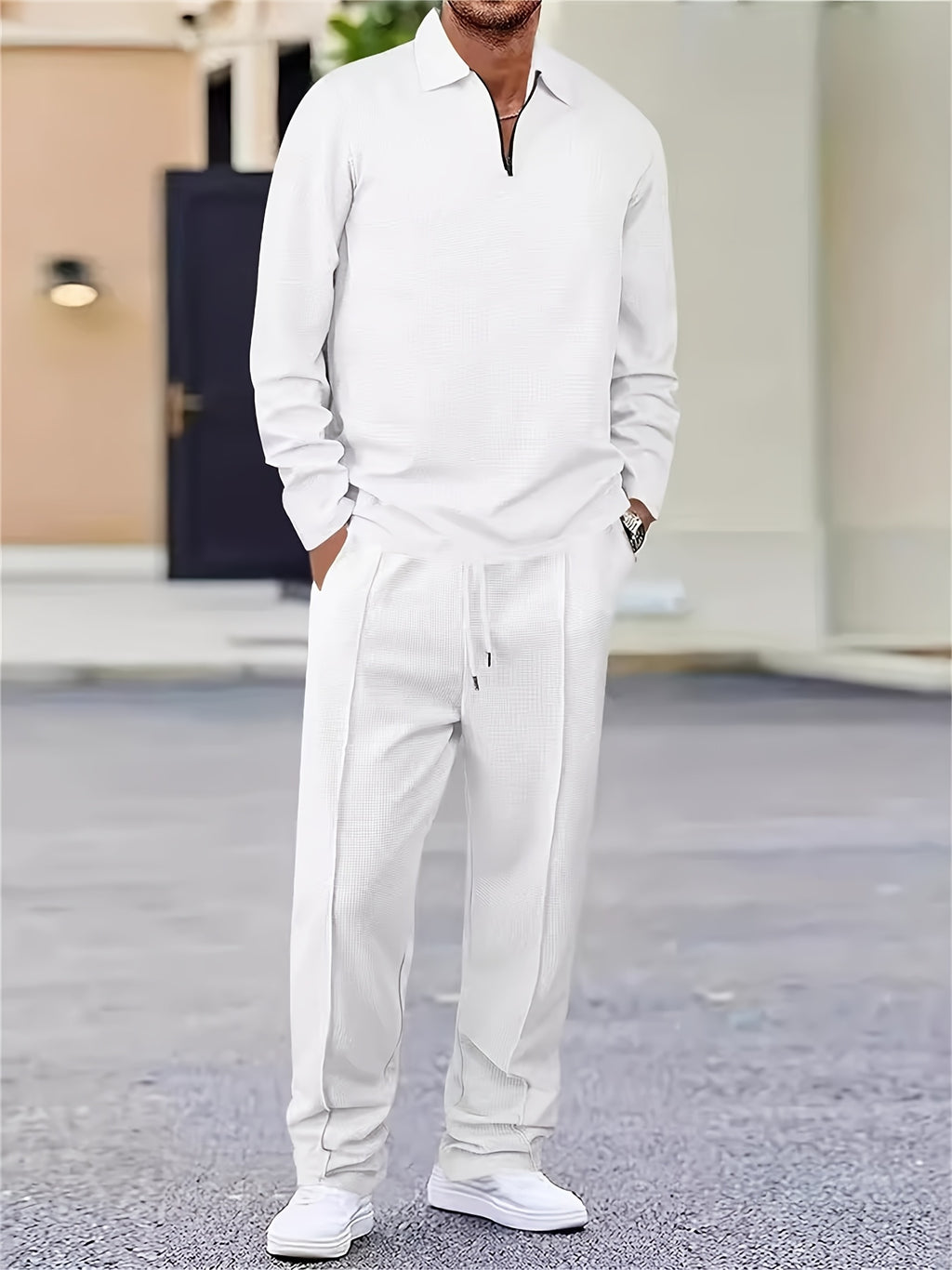 Men's Waffle Knit 2-Piece Set Long Sleeve & Jogger Pants – Breathable Matching Tracksuit for Gym, Casual & Outdoor Wear, Sizes M-XXXL, 4 Colors