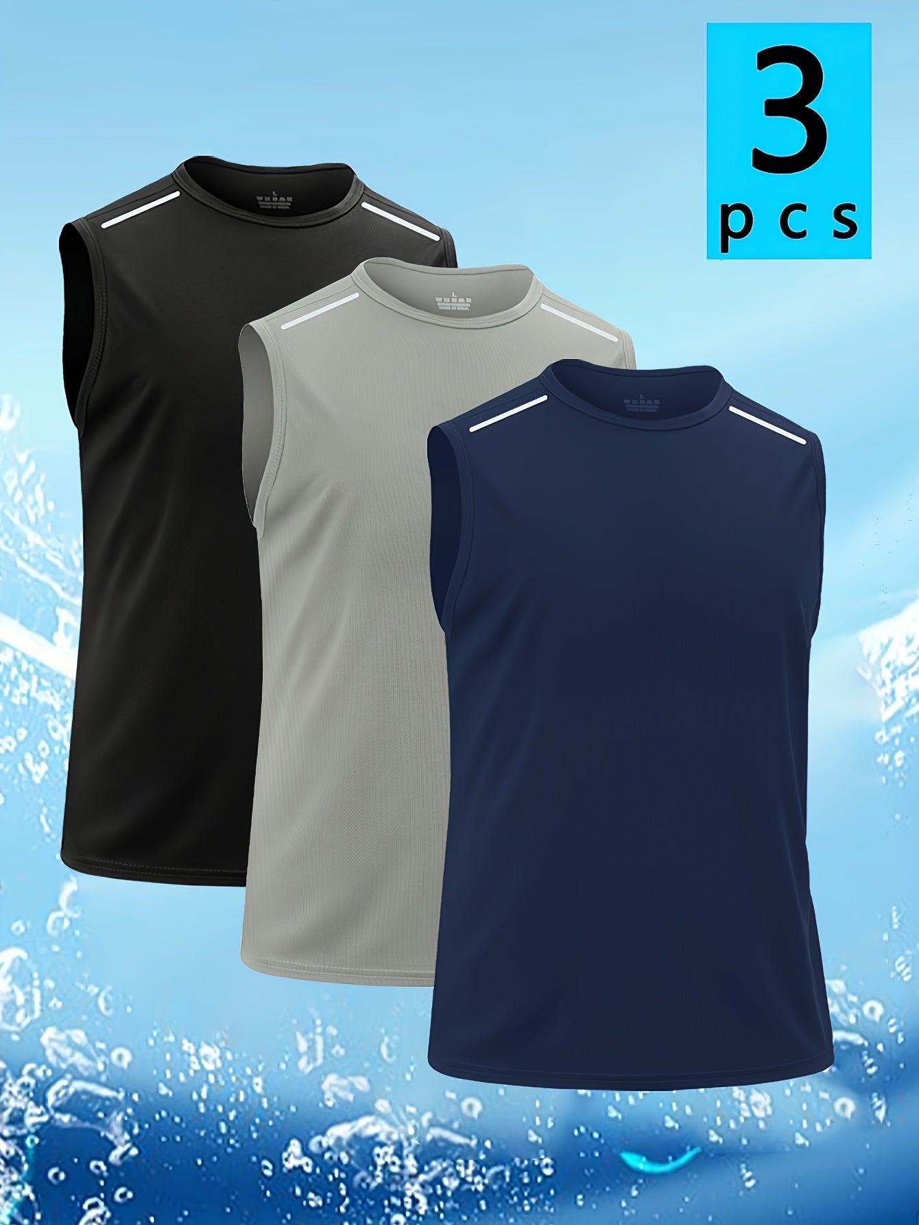 Quick-Dry Sleeveless Workout Tank Tops for Men 3-Pack – Breathable Striped Crew Neck Athletic Vests for Running Gym Cycling S-XXXL Black Grey Navy