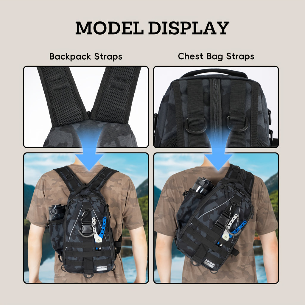 Tackle Sling Bag with Rod Holder for Men & Women – Fishing Backpack Daypack, Multi-Pocket Fly Fishing Bag, Camouflage Khaki Black, Standard & Large, Best Fishing Gift for Dad