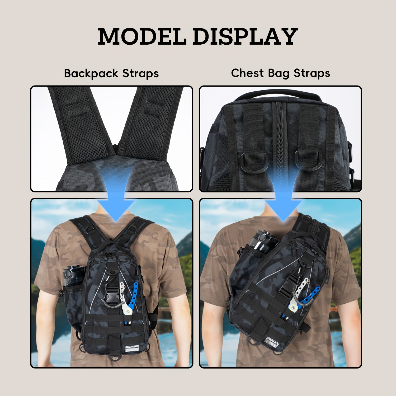 Tackle Sling Bag with Rod Holder for Men & Women – Fishing Backpack Daypack, Multi-Pocket Fly Fishing Bag, Camouflage Khaki Black, Standard & Large, Best Fishing Gift for Dad