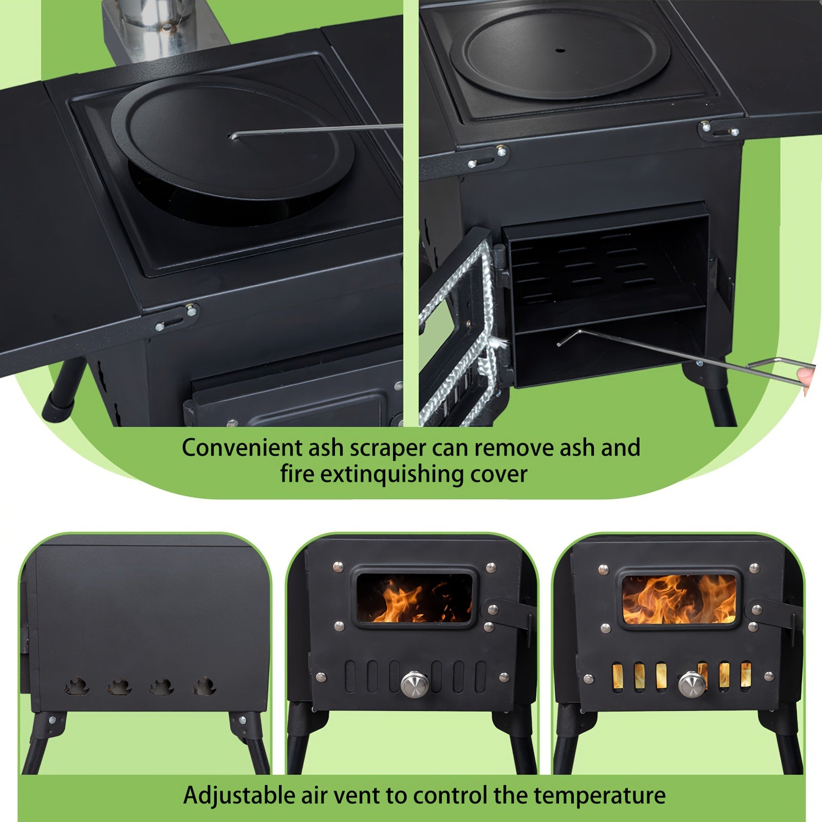 Wood Burning Camping Stove with Chimney Portable Foldable Carbon Steel Tent Stove for Camping Hunting Ice Fishing Backpacking Outdoor Heating Cooking