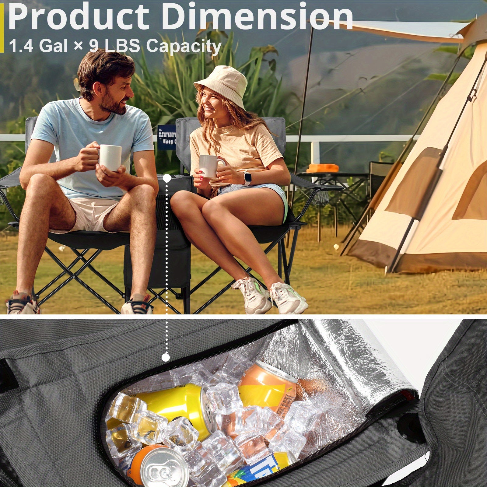 Folding Fishing Chair with Sun Umbrella 2-Seat Portable Outdoor Chair - Iron Alloy Frame Oxford Fabric Beach Patio Camping Chair with Storage Bag - Red Black Grey Blue Coconut Pineapple Pattern