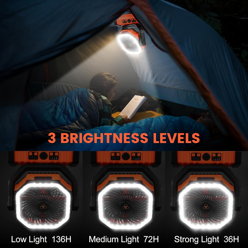 FX13 20000mAh Camping Fan with Built-in LED Light Rechargeable USB Portable Outdoor Fan with Tent Hook for Power Outage Construction Site Camping Gear Orange Upgraded