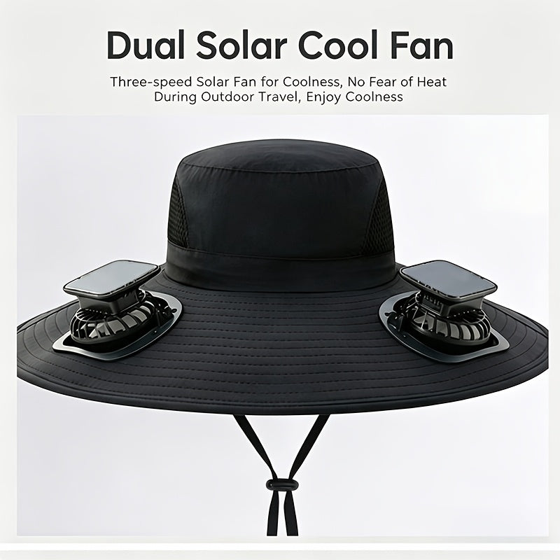 Wide Brim Outdoor Hat Solar Fan USB Rechargeable - Lightweight Sun Hat for Fishing Hiking Mountain Climbing, With or Without Fan, Black Khaki Grey Camo