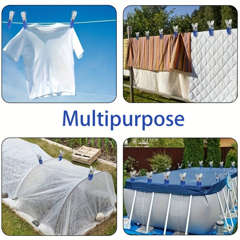 Pool Cover Clips 12-Pack Heavy-Duty Stainless Steel Spring-Loaded Windproof Clips with Ergonomic Blue Handles - Rust-Resistant Secure Clamps for Above Ground Pool Covers Tarps & Outdoor Use