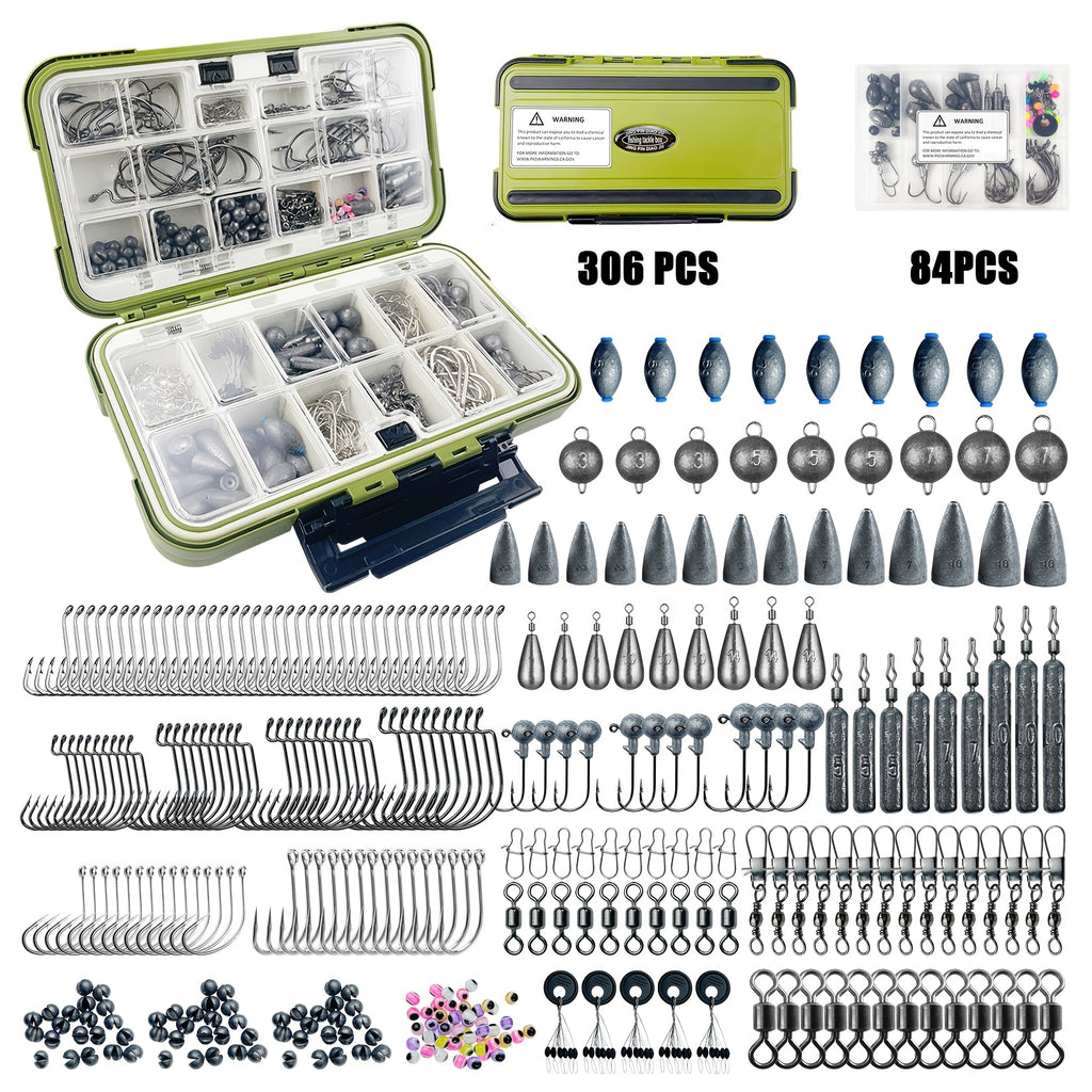 Fishing Tackle Kit 306 & 84 Pcs – Hooks Sinkers Bobbers Jig Heads Beads Swivels Snaps with Tackle Box for Freshwater & Saltwater Fishing