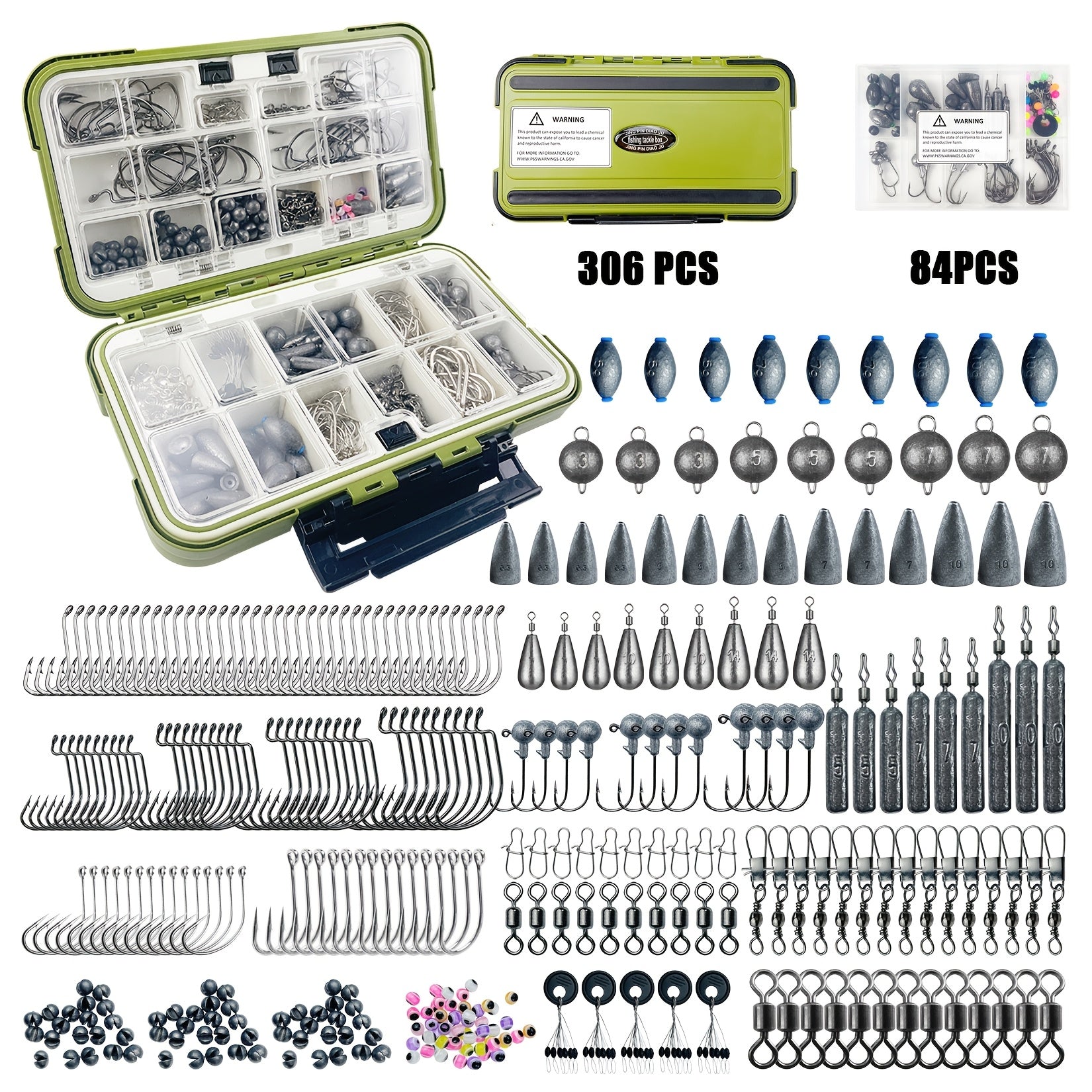 Fishing Tackle Kit 306 & 84 Pcs – Hooks Sinkers Bobbers Jig Heads Beads Swivels Snaps with Tackle Box for Freshwater & Saltwater Fishing