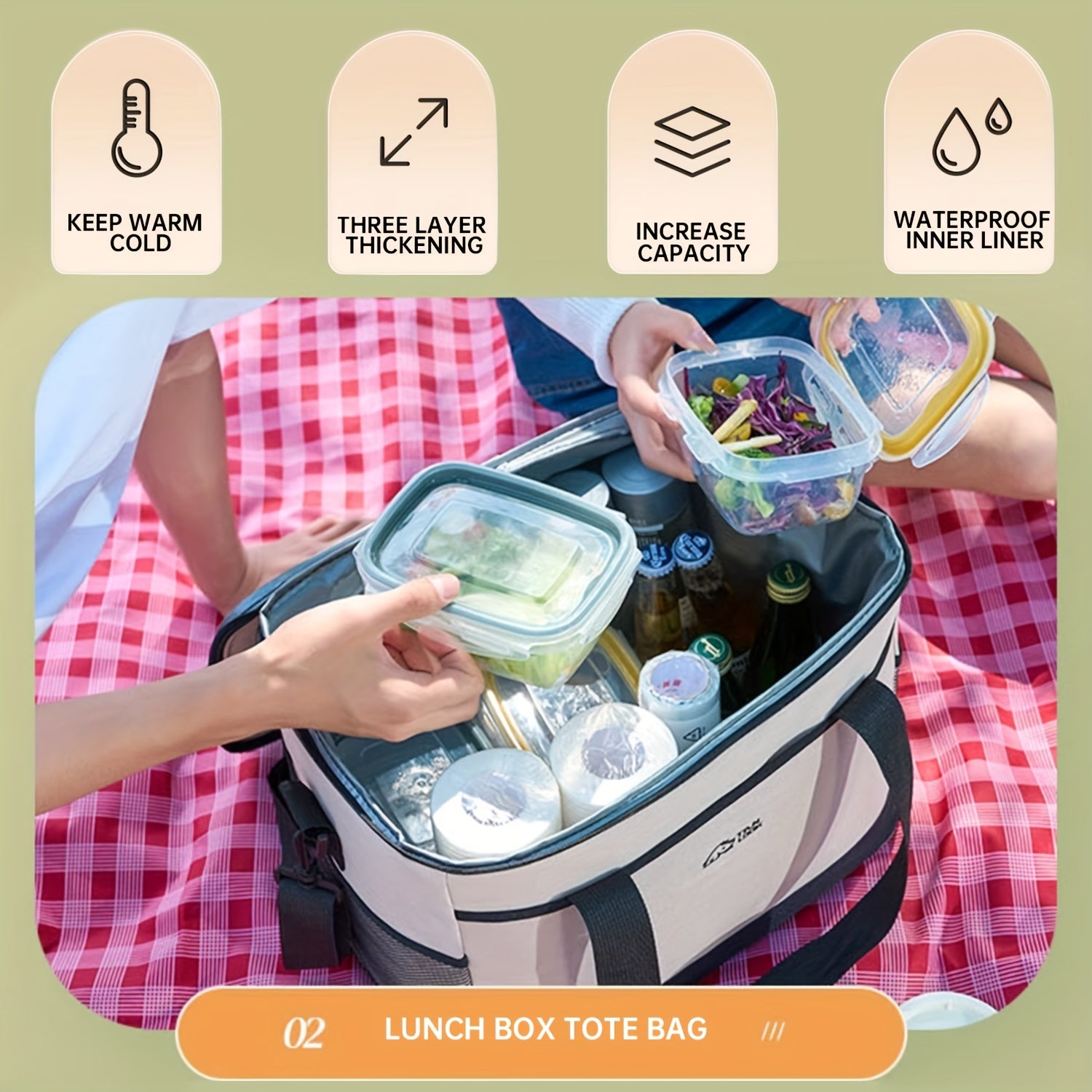 Insulated Cooler Bag Large Capacity Portable Lunch Bag for Camping Hiking Picnic Beach Car Travel Outdoor Food Storage
