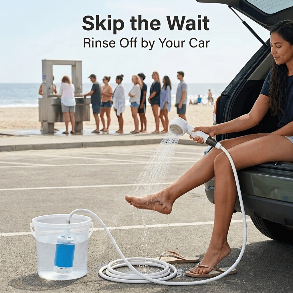 USB Powered Portable Camping Shower Pump with 6.5ft Hose, No Battery Submersible Water Pump for Camping Hiking Beach Pet Bathing Car Washing Garden Watering, Connects to Power Bank or Car Charger