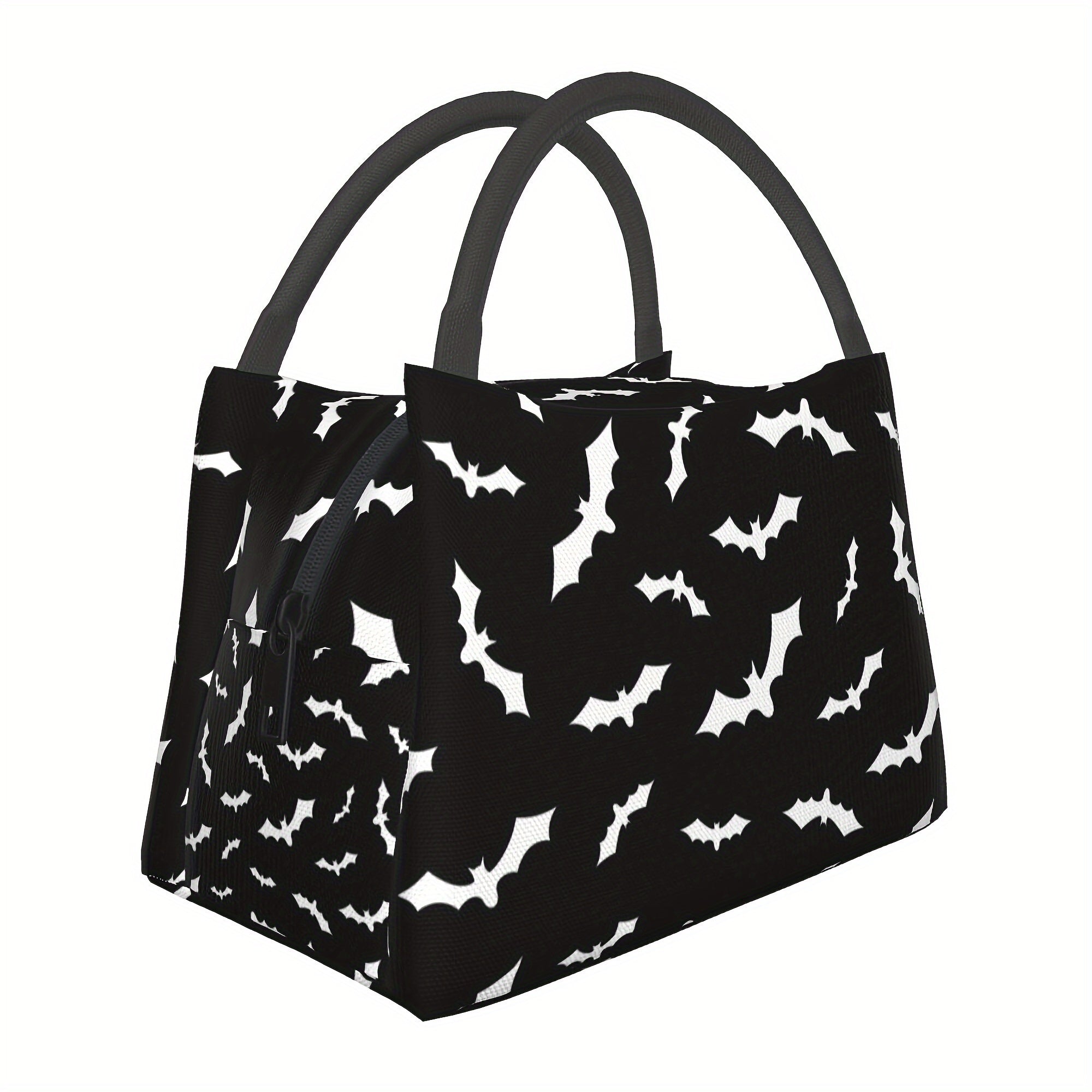Bat Print Insulated Lunch Bag Cooler 11x6.5x7 In – Reusable Polyester Thermal Tote with Black Handles for Halloween School Office Camping Picnic Beach
