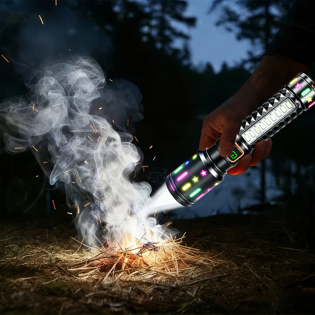 High-Lumen Fire Starting Flashlight Rechargeable LED Torch with COB Side Light 5 Modes Tactical Beam Fresnel Lens Survival Tool for Camping Hiking Fishing Emergency Outdoor Adventures