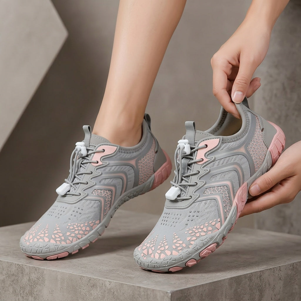 Women's Water Shoes Quick-Dry Aqua Sneakers – Lightweight Breathable Mesh Lace-Up Beach Wading Shoes, Rubber Sole, Striped, Black White Pink, US 6-11