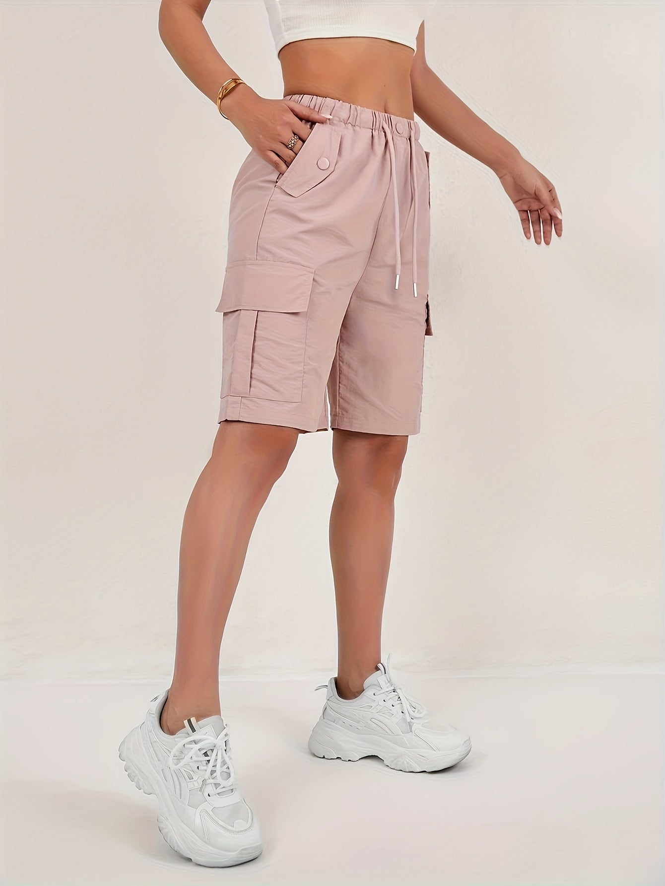 Women's Cargo Shorts 2-Pack - Lightweight Straight-Leg Mid-Thigh Bermuda Shorts with Multiple Pockets & Adjustable Drawstring Waist, Machine Washable Casual Outdoor Shorts S-XXL