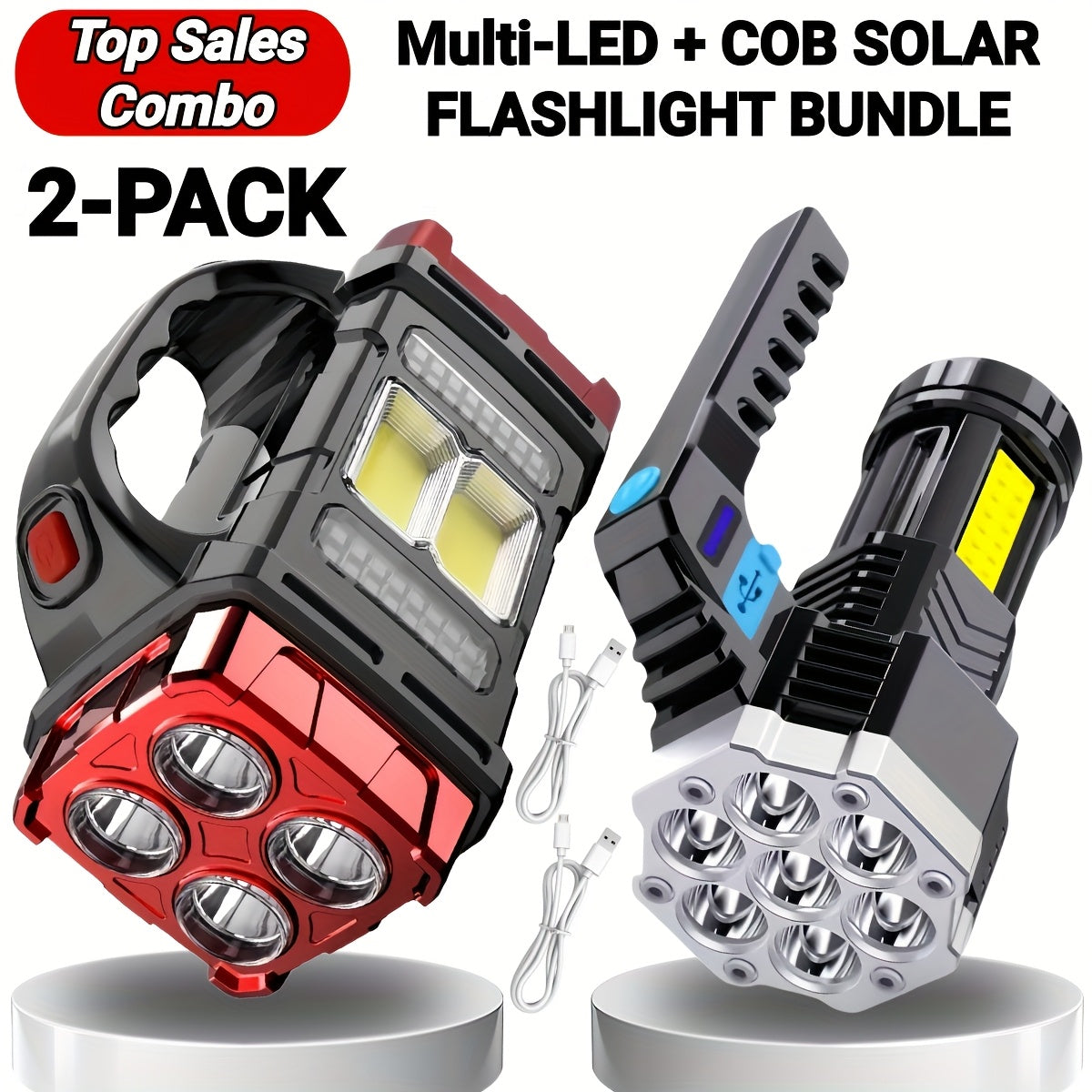2-Pack Rechargeable LED Flashlight Combo – High Power Tactical Flashlight with COB Side Light, Telescopic Zoom & USB-C Charging for Camping, Hiking, Biking & Emergencies