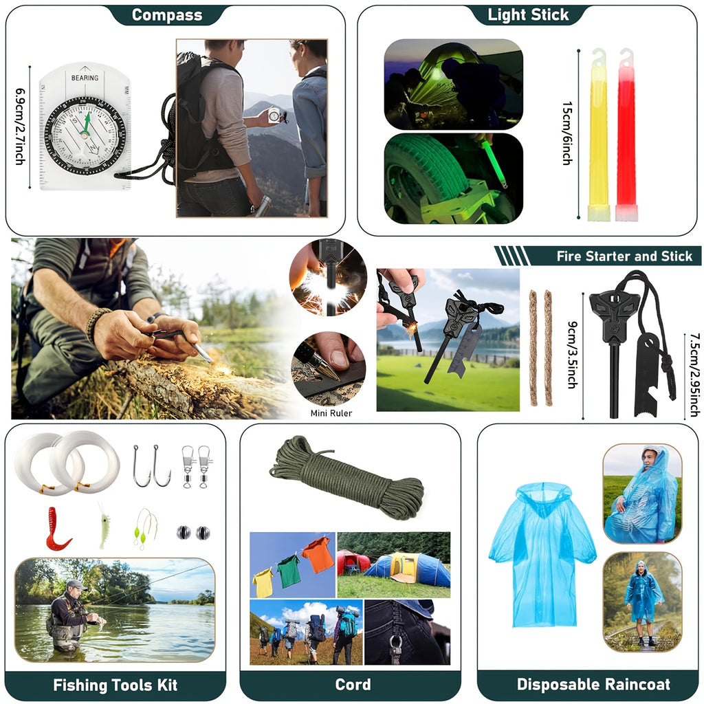 272-Piece Survival Kit with Fire Starter - Emergency Gear Set with First Aid, Flint Magnesium Rod, Whistle, Flashlight & Molle Bag for Camping Hiking Hunting Earthquake Preparedness
