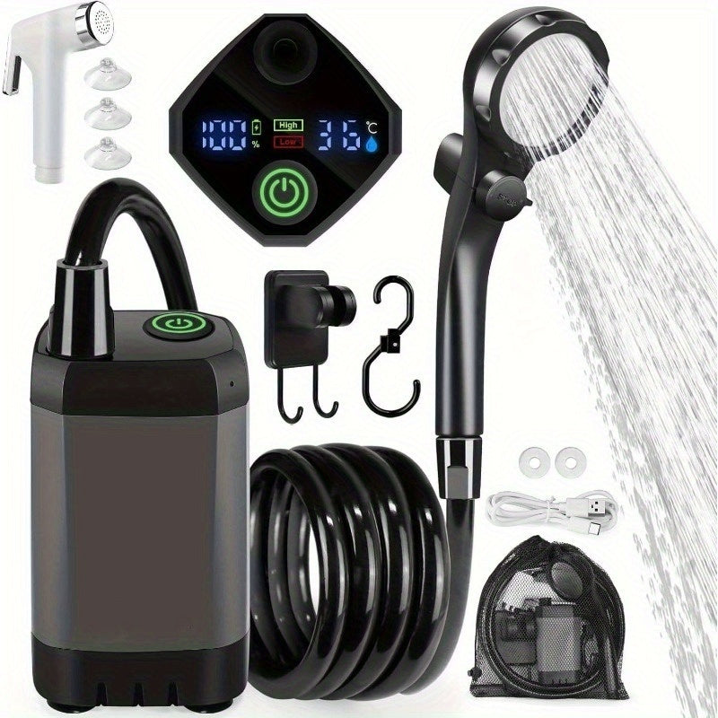 Portable Camping Shower Pump 6000mAh Rechargeable, IPX7 Waterproof Outdoor Shower with LED Display Multiple Modes 120 Min Runtime, Handheld Camp Shower for Hiking Pet Washing Car Beach Travel
