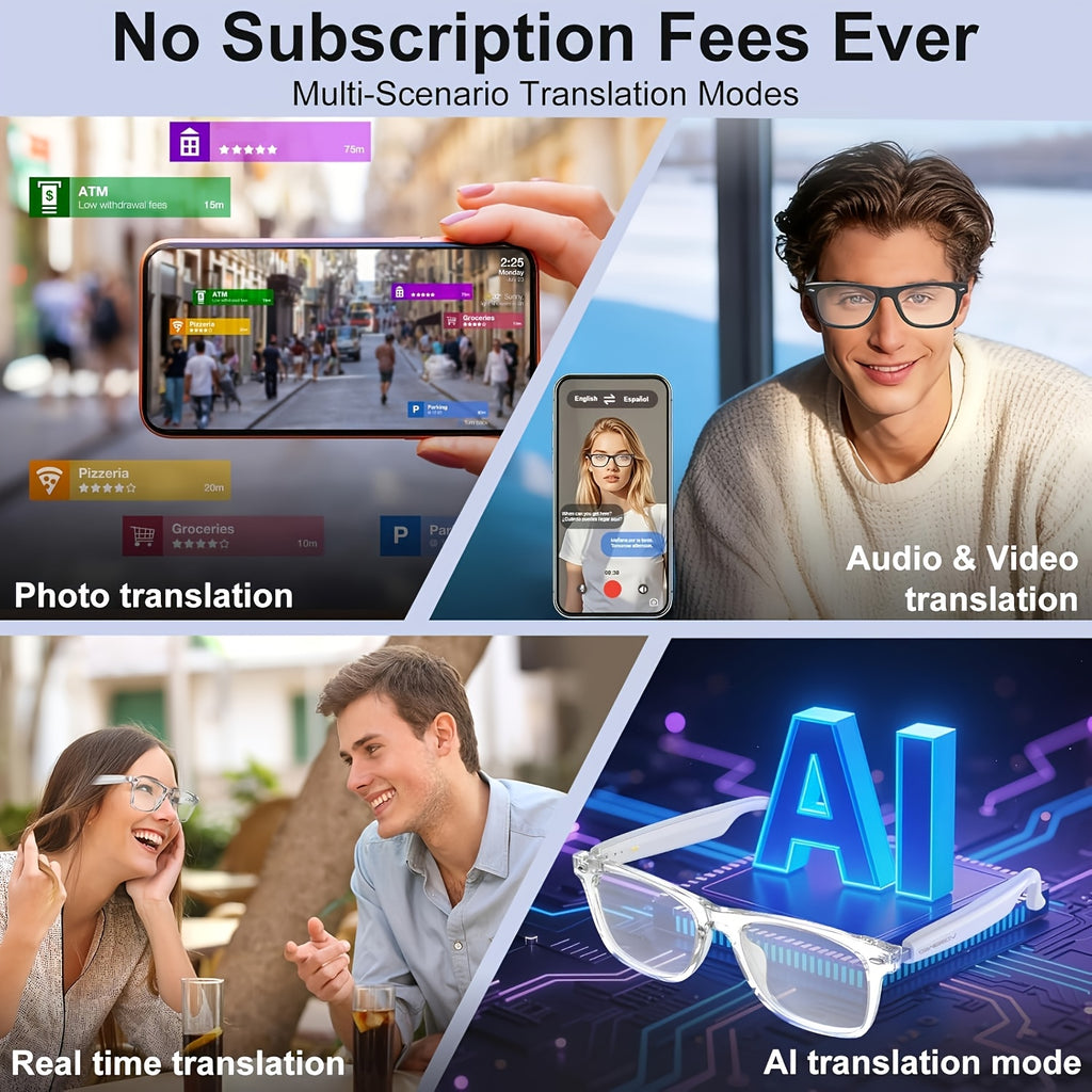 AI Smart Glasses with Real-Time Translation 110+ Languages – Open-Ear Audio, 8MP HD Camera, Color-Changing Lenses, Voice Control, HiFi Music for Travel, Work & Outdoor Sports