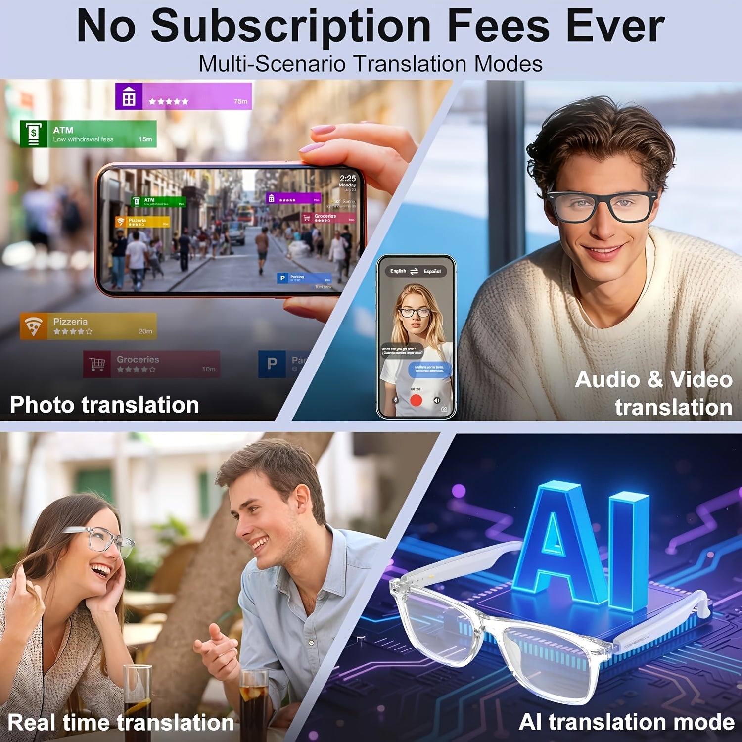 AI Smart Glasses with Real-Time Translation 110+ Languages – Open-Ear Audio, 8MP HD Camera, Color-Changing Lenses, Voice Control, HiFi Music for Travel, Work & Outdoor Sports