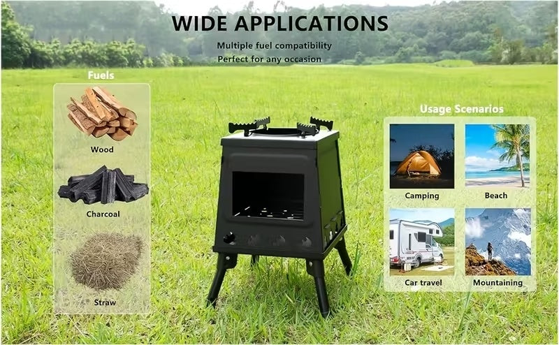 Wood Burning Camp Stove Portable Heavy Duty Outdoor Campfire Stove Sturdy Legs Air Vents Firewood BBQ Hiking Backpacking Picnic Travel No Electricity Needed