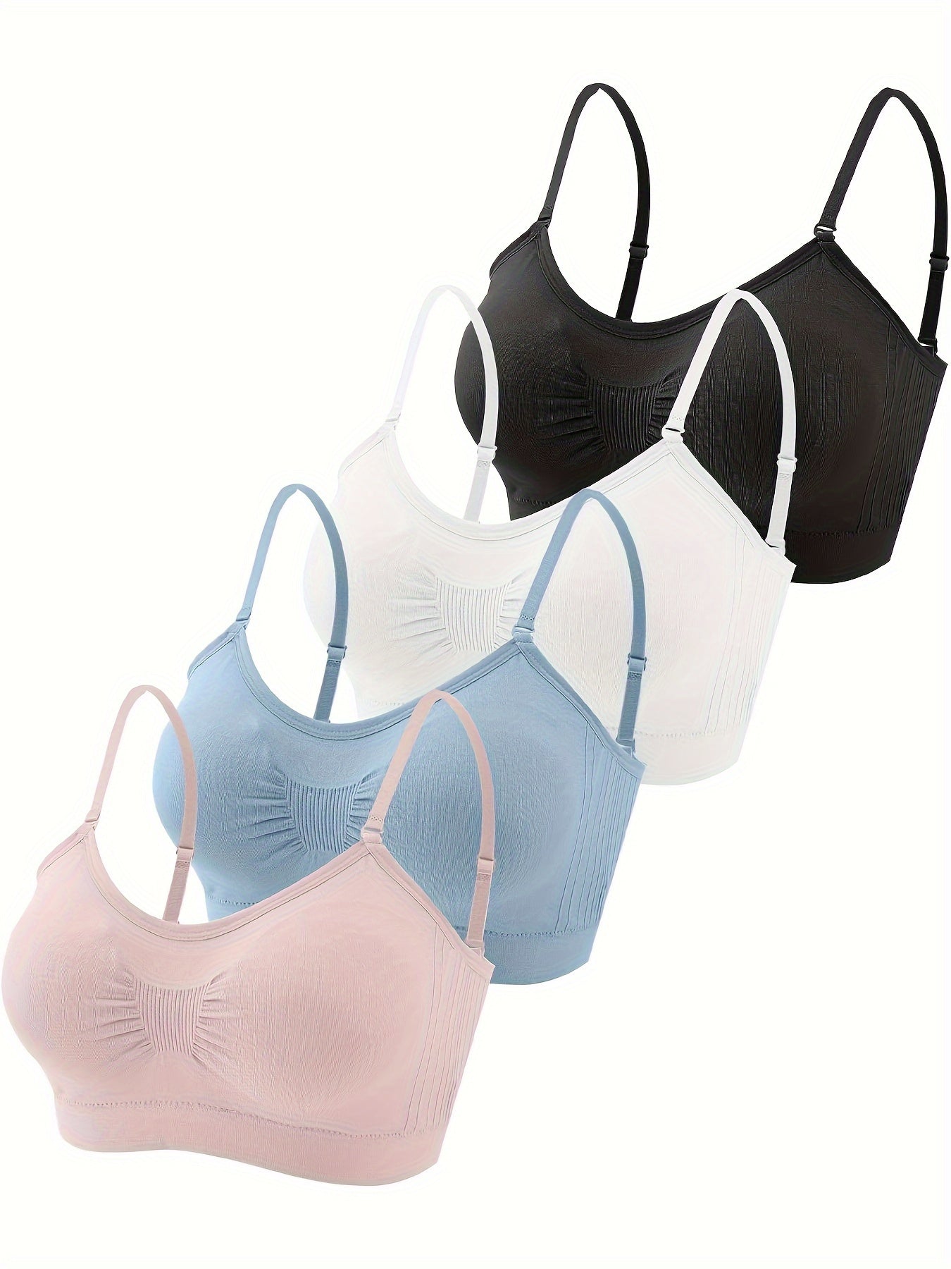 Padded Bralette 4-Pack Wireless V-Neck Adjustable Straps Cami Bra Sports Bra Tank Top Bra for Women Sizes S-XL Multiple Colors
