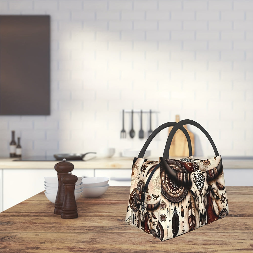 Western Cowboy Insulated Lunch Bag - Cowhide Feather Floral Cooler Tote for Women, Reusable Lunch Box for Camping Beach Office Home, Birthday Holiday Gift
