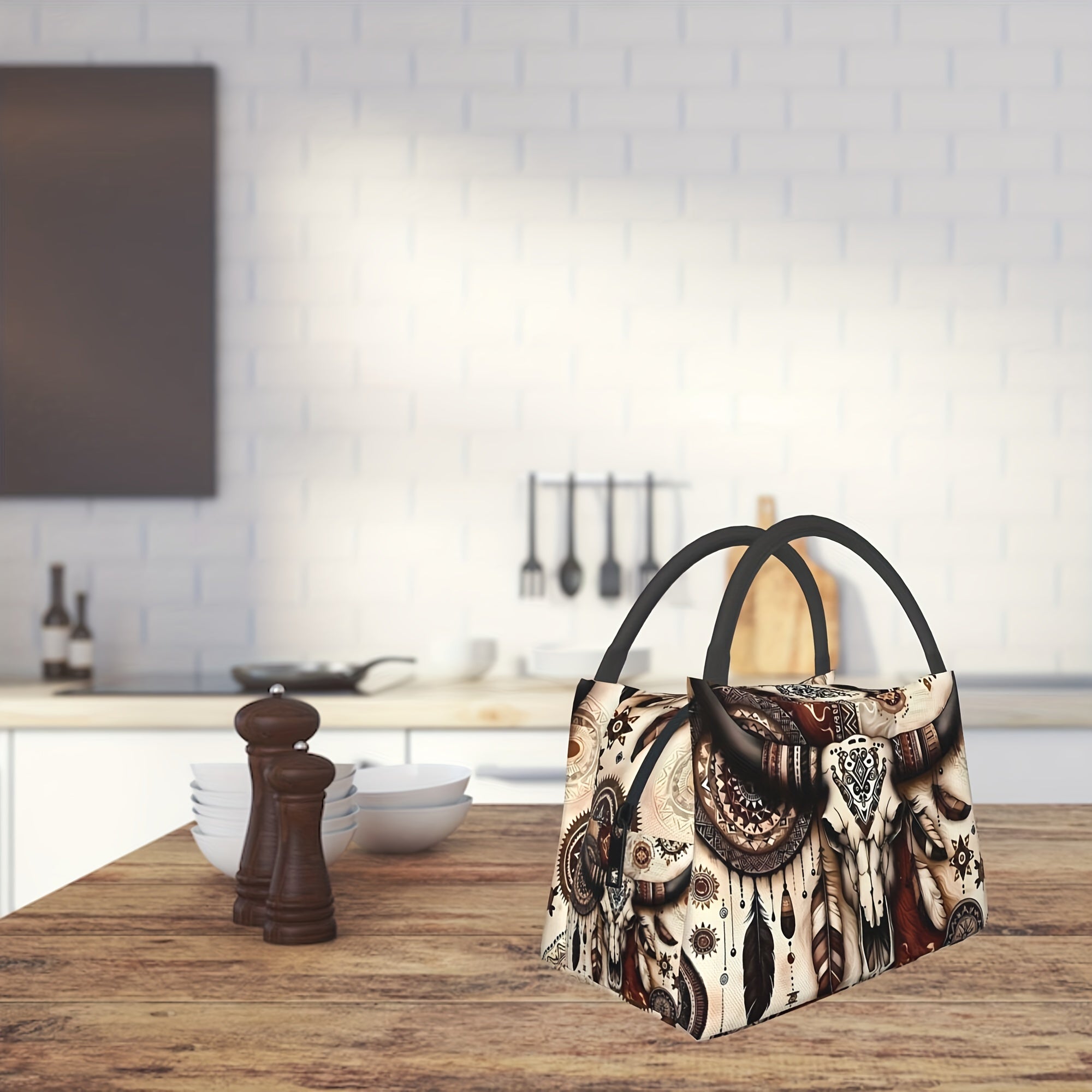 Western Cowboy Insulated Lunch Bag - Cowhide Feather Floral Cooler Tote for Women, Reusable Lunch Box for Camping Beach Office Home, Birthday Holiday Gift