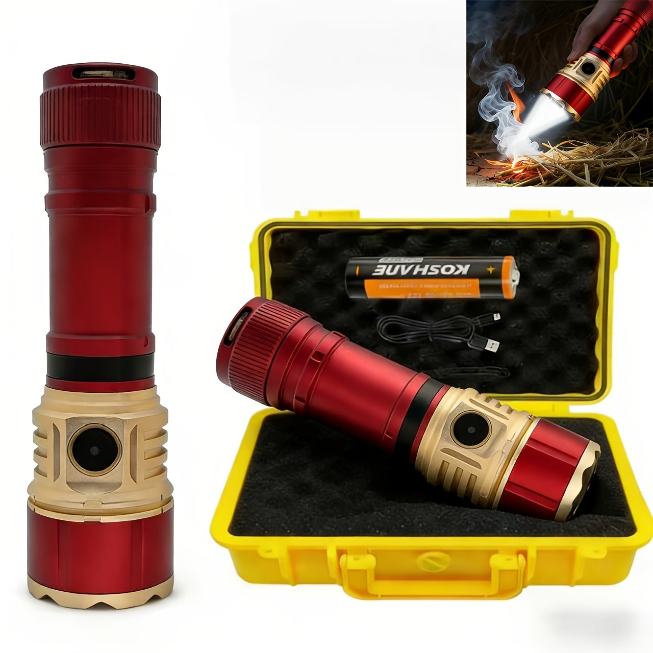 4500 Lumen Tactical Survival Flashlight with Fresnel Lens Fire Starter 1000M Beam 21700 Rechargeable Battery Aluminum Alloy EDC Torch Camping Hiking Emergency Prepper