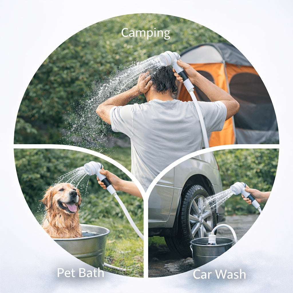 USB Powered Portable Camping Shower Pump with 6.5ft Hose, No Battery Submersible Water Pump for Camping Hiking Beach Pet Bathing Car Washing Garden Watering, Connects to Power Bank or Car Charger