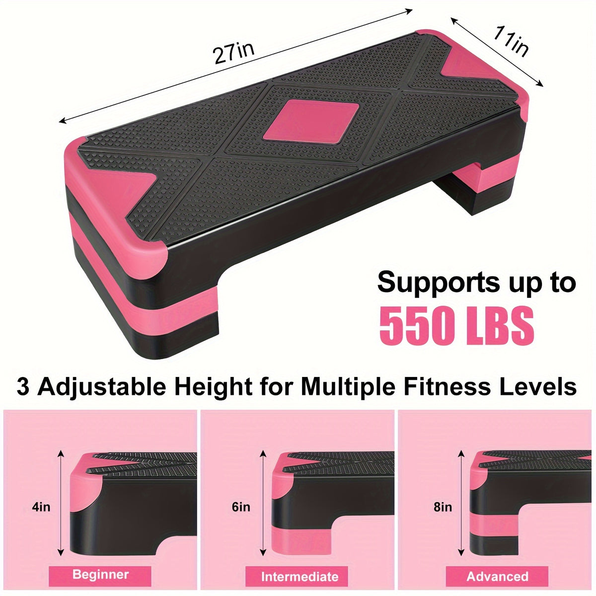 Aerobic Step Platform Adjustable Height 4-6-8 Inch Non-Slip Workout Stepper – Home Gym Cardio Fitness Trainer for Beginners & Advanced Men Women
