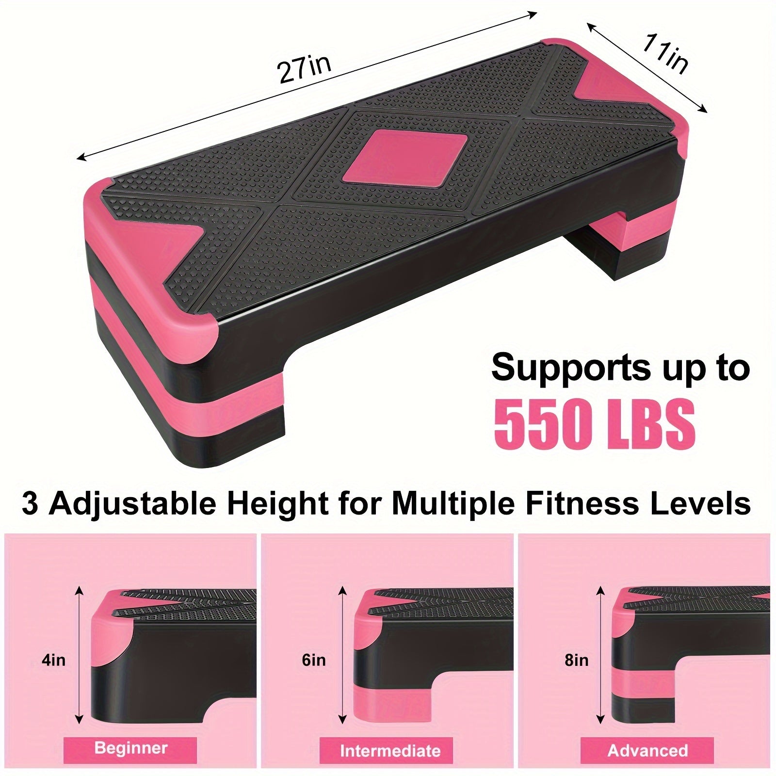 Aerobic Step Platform Adjustable Height 4-6-8 Inch Non-Slip Workout Stepper – Home Gym Cardio Fitness Trainer for Beginners & Advanced Men Women