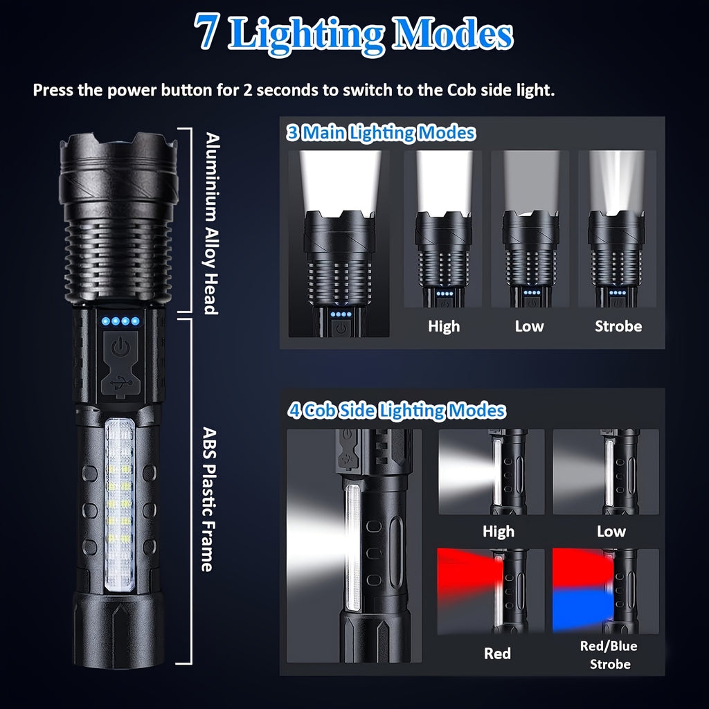 LED Flashlight 2-Pack Rechargeable USB High Brightness - 6 Lighting Modes COB Side Light Zoomable Handheld Torch for Camping Emergencies Outdoor Adventures