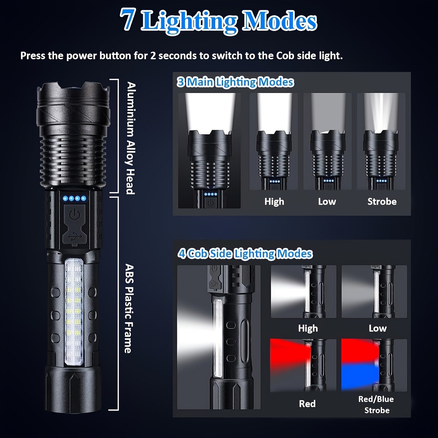 LED Flashlight 2-Pack Rechargeable USB High Brightness - 6 Lighting Modes COB Side Light Zoomable Handheld Torch for Camping Emergencies Outdoor Adventures