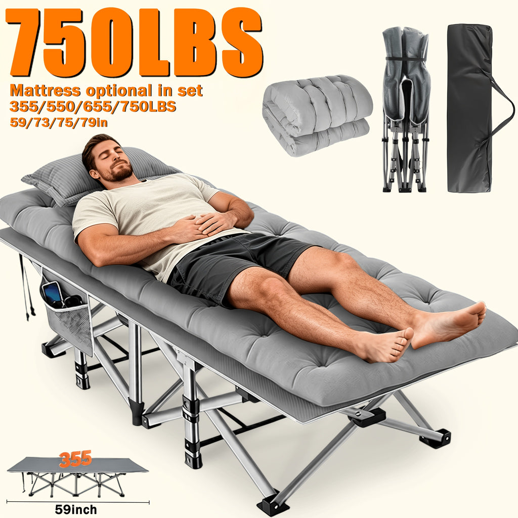 Extra Large Folding Camping Cot Bed with Mattress Option – Heavy Duty 355–750 lbs Capacity Portable Guest Bed for Adults – Foldable Sleeping Cot for Camping Travel Indoor Outdoor Use 59–77 Inch