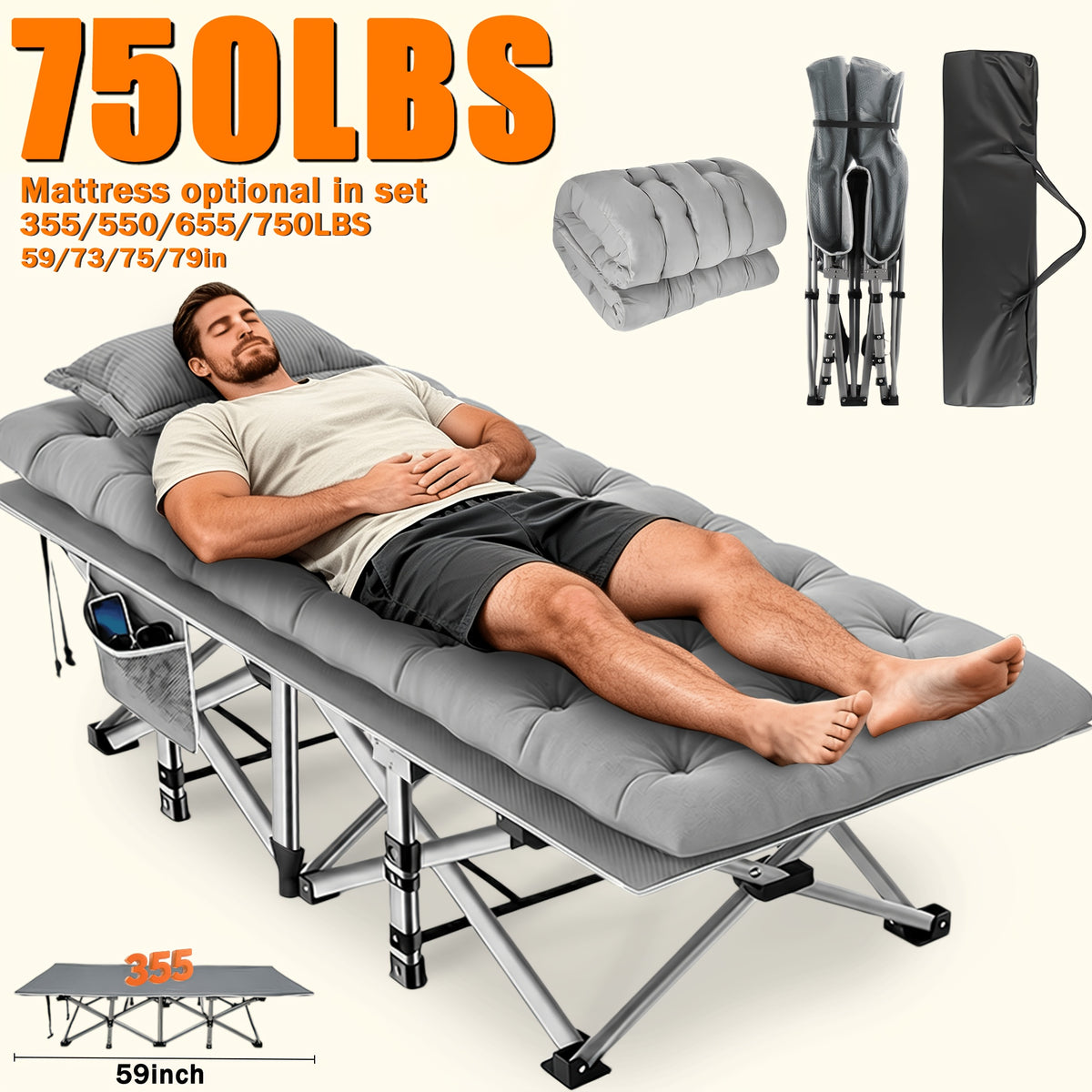 Extra Large Folding Camping Cot Bed with Mattress Option – Heavy Duty 355–750 lbs Capacity Portable Guest Bed for Adults – Foldable Sleeping Cot for Camping Travel Indoor Outdoor Use 59–77 Inch