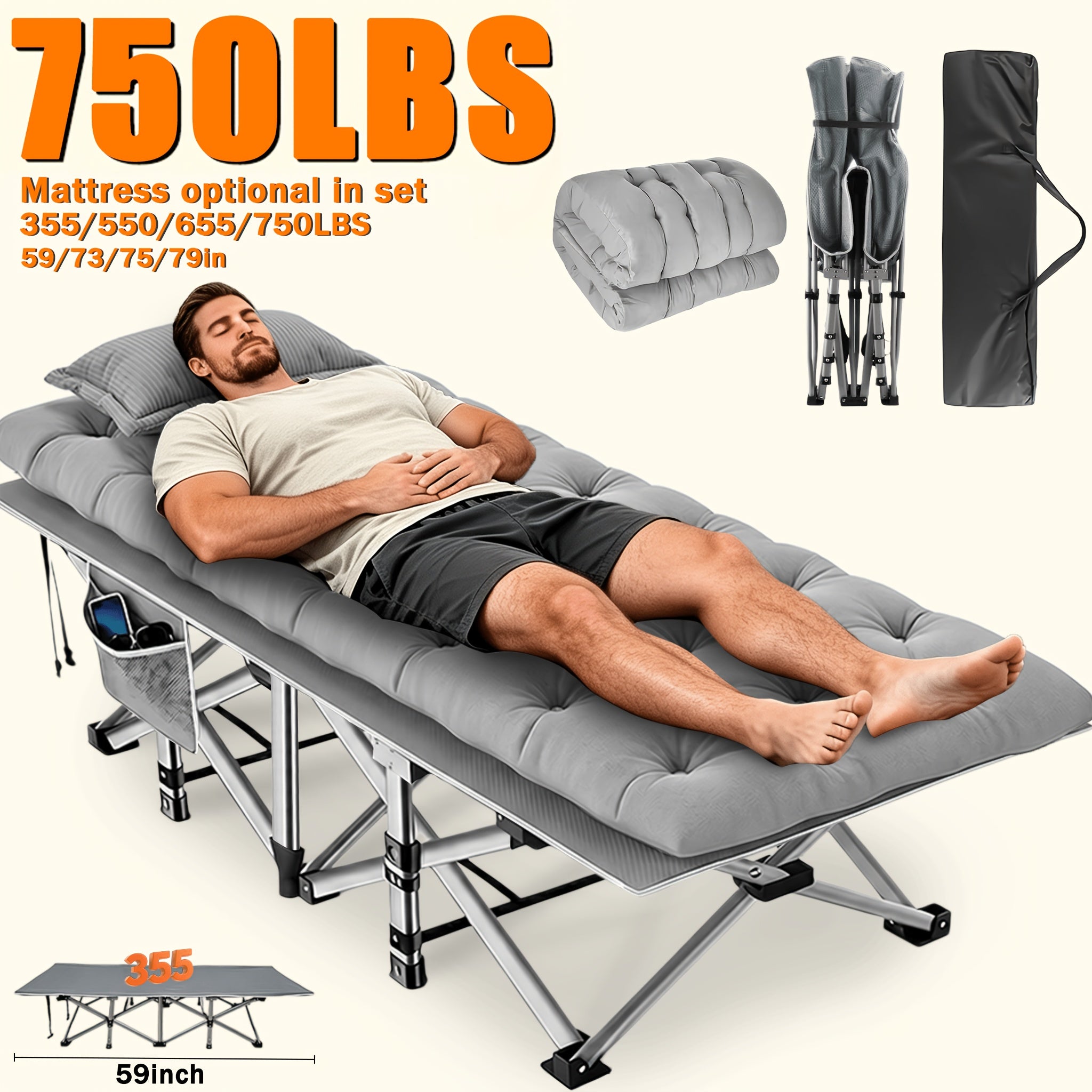 Extra Large Folding Camping Cot Bed with Mattress Option – Heavy Duty 355–750 lbs Capacity Portable Guest Bed for Adults – Foldable Sleeping Cot for Camping Travel Indoor Outdoor Use 59–77 Inch