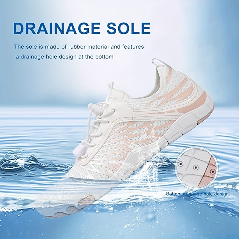 Women's Water Shoes Quick-Dry Aqua Sneakers – Lightweight Breathable Mesh Lace-Up Beach Wading Shoes, Rubber Sole, Striped, Black White Pink, US 6-11