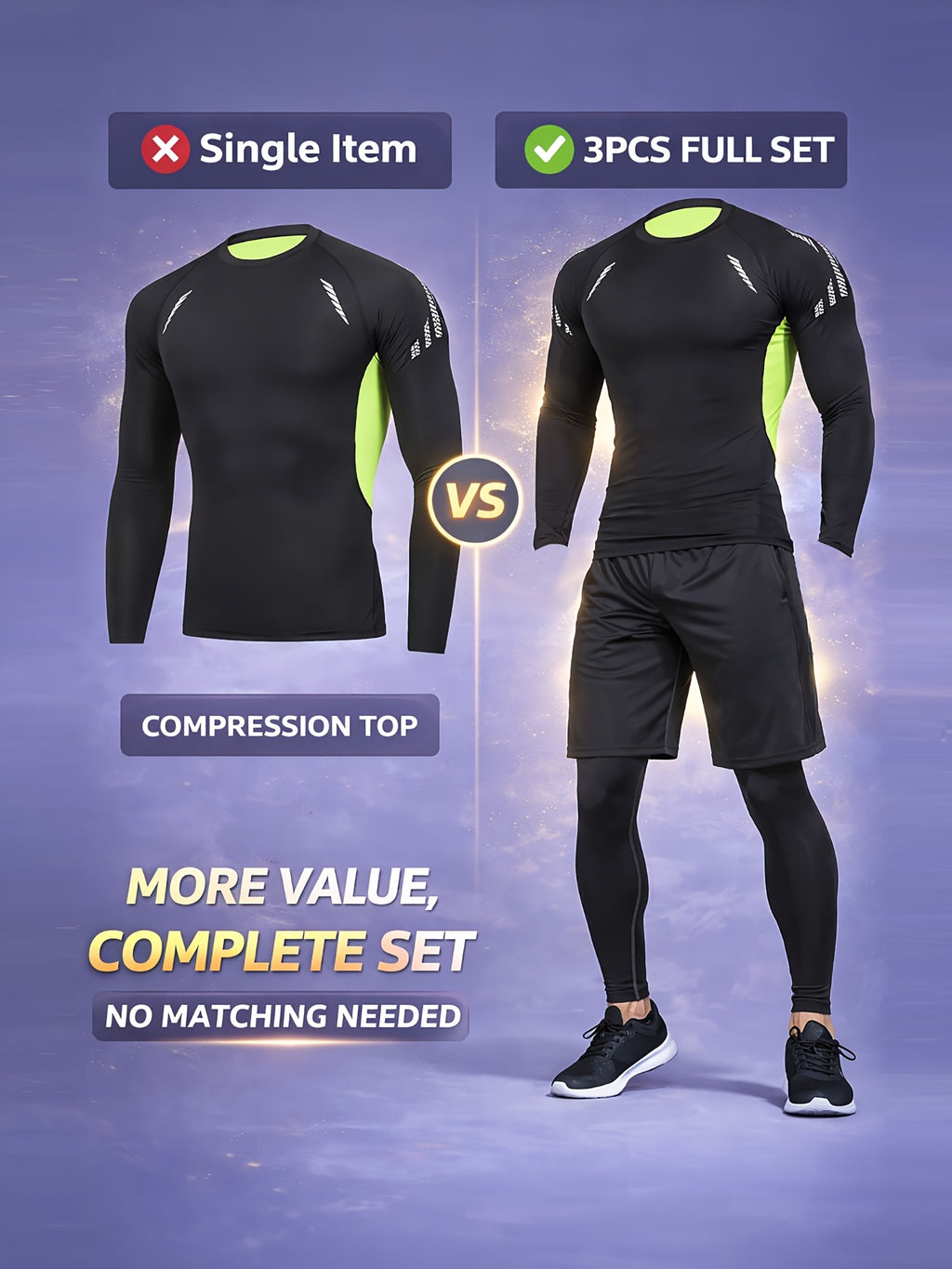 Men's 3-Piece Compression Sports Suit Quick-Dry – Moisture-Wicking Gym Running Training Outfit, High Elastic Breathable Activewear for Cycling Hiking Fitness, Grey & Fluorescent Green, S-XXL