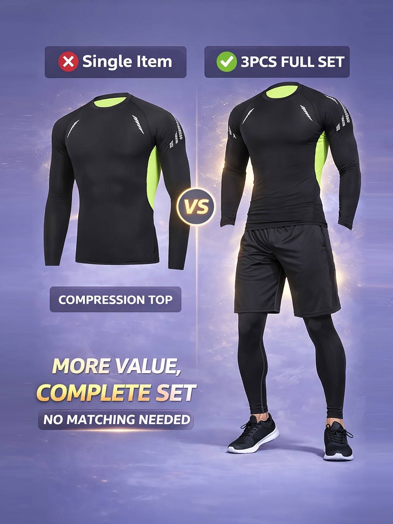 Men's 3-Piece Compression Sports Suit Quick-Dry – Moisture-Wicking Gym Running Training Outfit, High Elastic Breathable Activewear for Cycling Hiking Fitness, Grey & Fluorescent Green, S-XXL