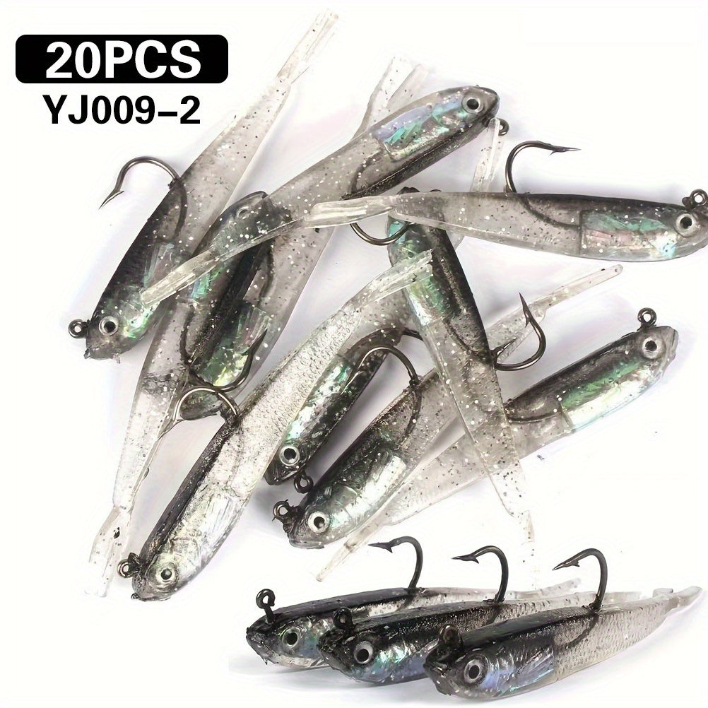 Soft Fishing Lures 20pcs Bionic Swimbait Kit with Hook – Realistic Gray Fish Bait for Bass, Mandarin Fish, Sea Bass & Trout, Freshwater & Saltwater Fishing Lure Set