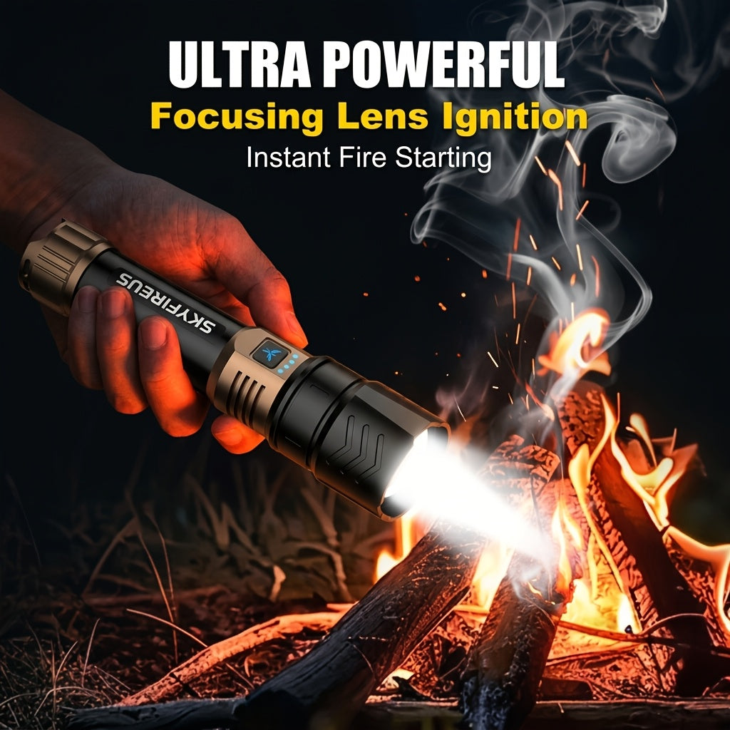 LED Tactical Flashlight High Lumen Rechargeable Zoomable 4 Modes – Super Bright Camping Cycling & Emergency Light with Zoom Lens Black Copper Black Gold