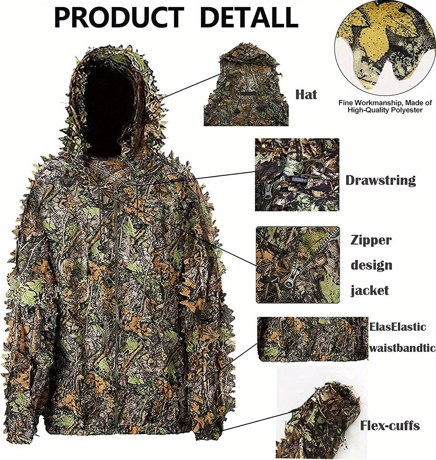 Ghillie Suit 3D Leaf Camouflage Hunting Suit Lightweight Breathable Camo Outfit for Men Hunting Wildlife Photography Outdoor Training Spring Summer Fall Sizes M-XXL
