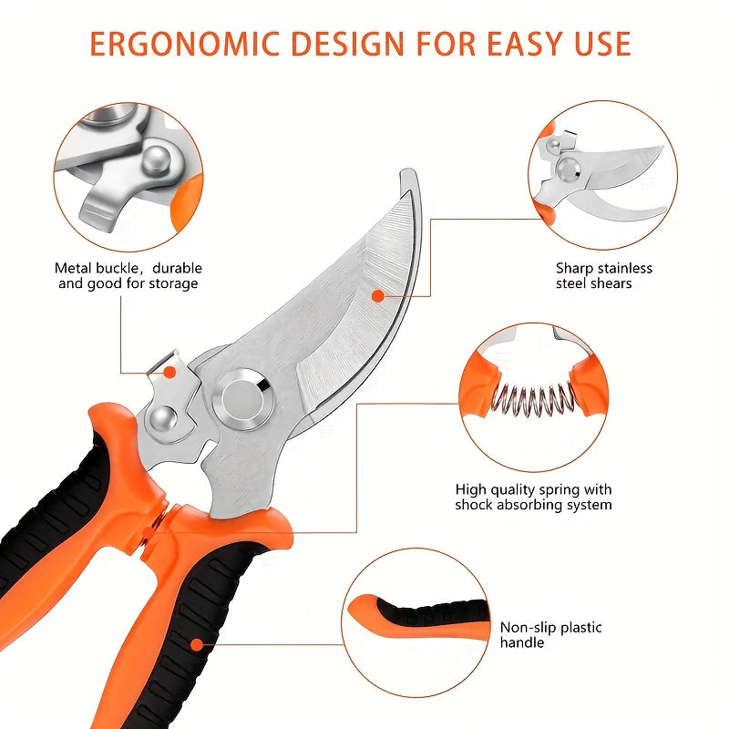 Garden Pruning Shears Set 6-Piece - Stainless Steel Bypass Pruners, Ergonomic Non-Slip Handles, Fruit Picker Branch Cutter Lawn Trimming Tree Care Kit for Men Women
