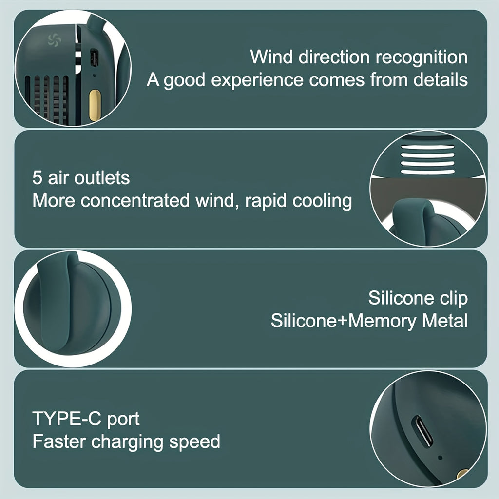 Mini Clip-On Neck Fan Portable Bladeless USB Rechargeable – 3-Speed 360° Silent Cooling Fan for Hiking Camping Travel Golf Fishing Sports Outdoor White Green Pink