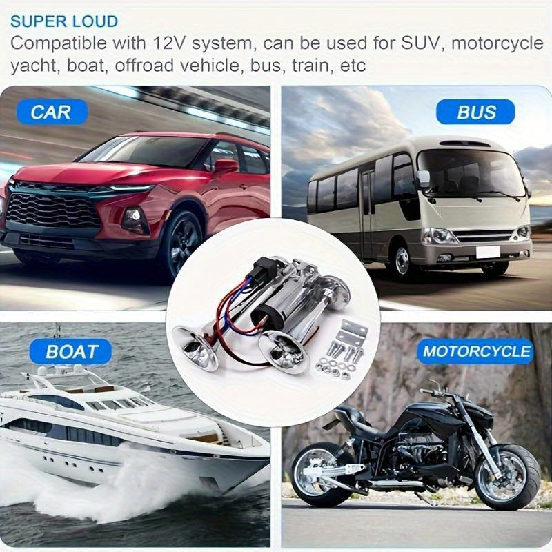 Air Horn Kit 12V 24V Ultra Loud 105-137dB Dual Trumpet Horn with Air Compressor for Truck SUV Motorcycle Boat Train Car Pickup Aluminum Alloy Universal