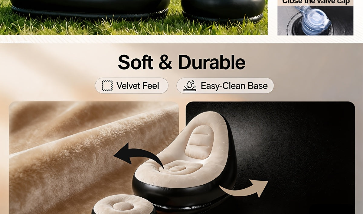 Inflatable Sofa with Footstool 2-Piece Set Heavy Duty Plush Fabric Portable Air Couch with Pump – Indoor Outdoor Camping Beach Backyard Lounge