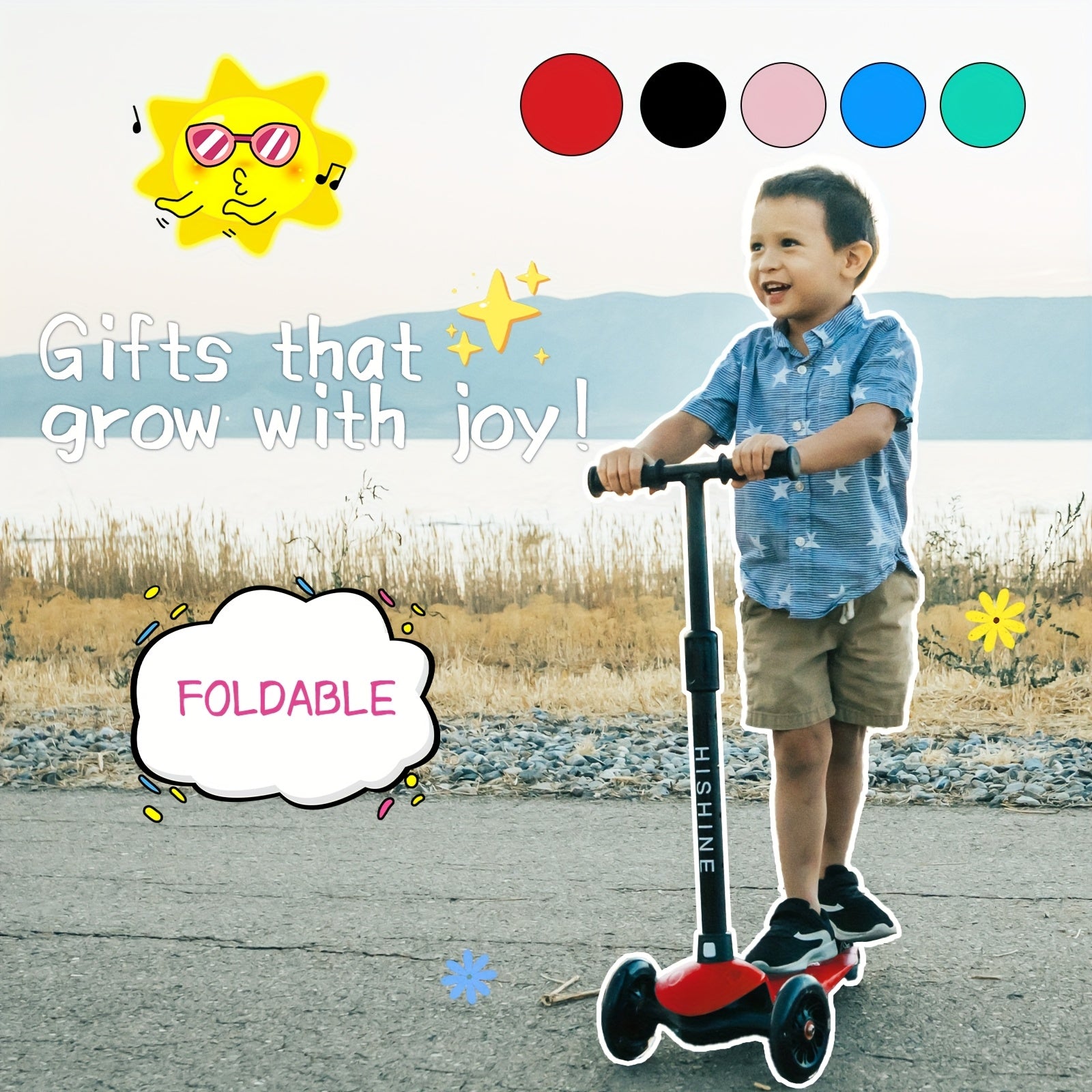 Kids 3-Wheel Scooter Ages 2-5 Adjustable Height Lean to Steer Light Up Wheels Front Brake Double Suspension Toddler Scooter Pink Blue Red Black
