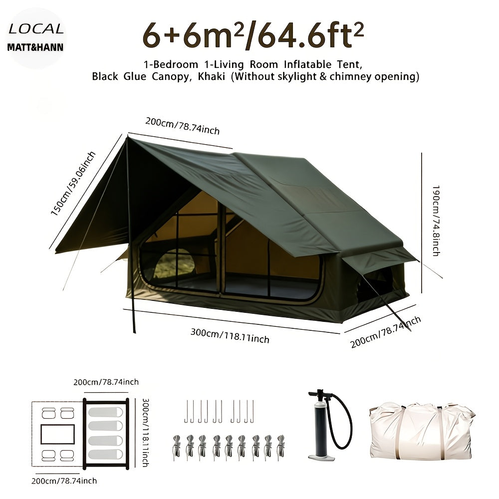 Inflatable Glamping Tent for 4-6 Person – 4-Season Large Luxury Air Tent with Optional Skylight & Stove Jack, Manual Pump Included, Windproof Family Camping Shelter (6.3-12 sqm)